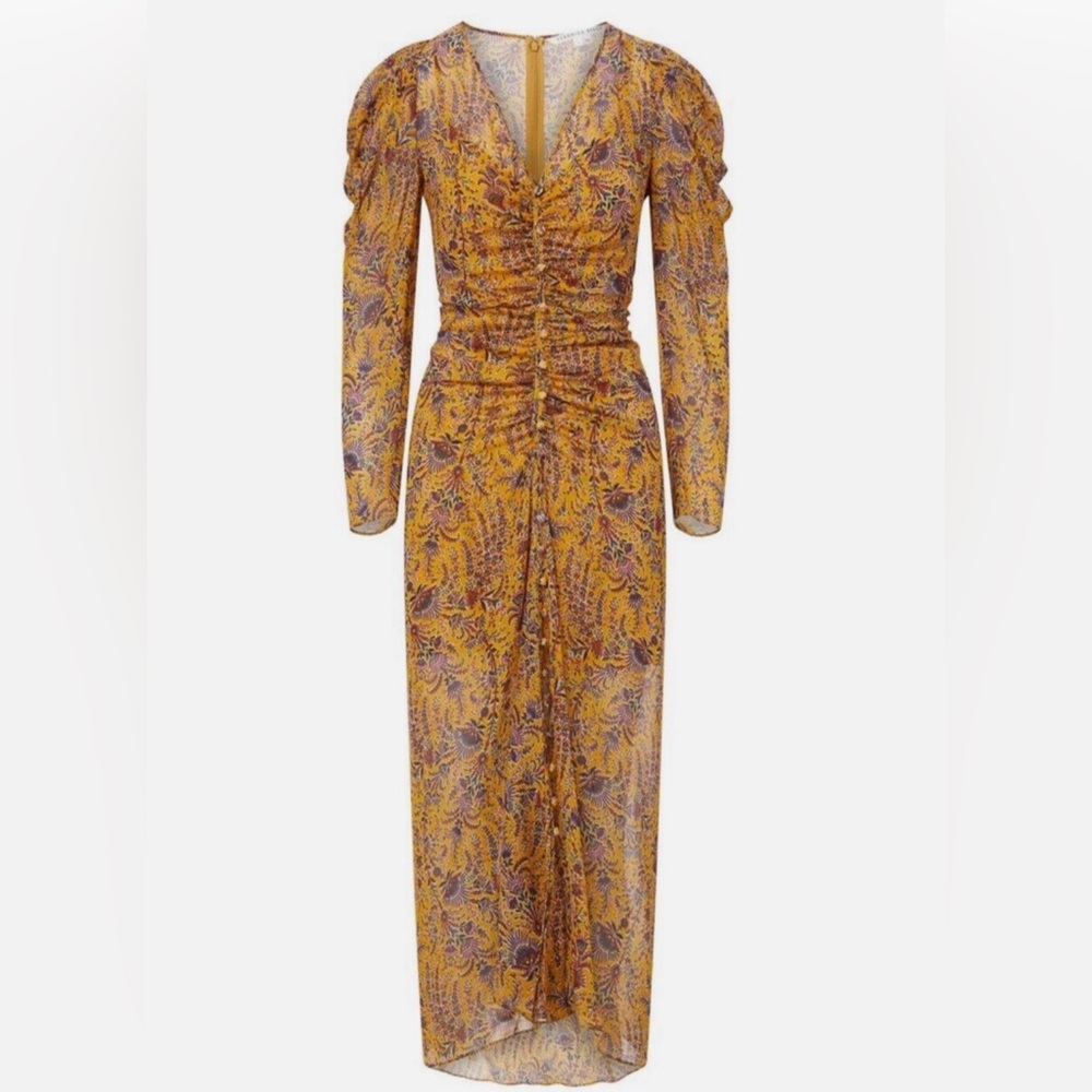 Veronica Beard Ferrara ruched printed silk-crepe maxi dress in Saffron Multi.